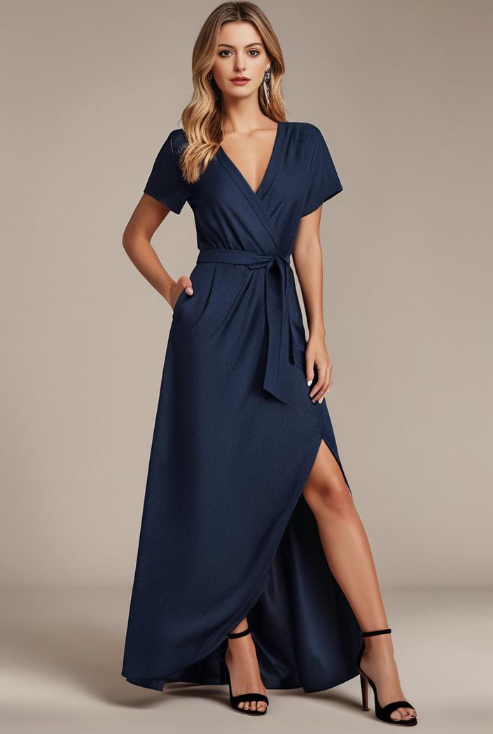 glitter high low front side slit ruffled v neck evening dress 114930