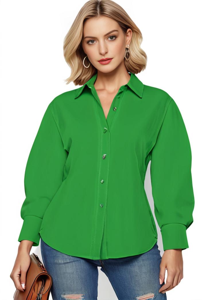 plus size casual blouse women s plus solid button up lantern sleeve turn down collar nipped waist blouse 117841