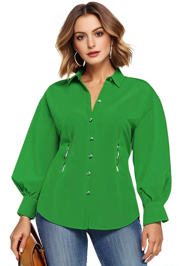 plus size casual blouse women s plus solid button up lantern sleeve turn down collar nipped waist blouse 117847
