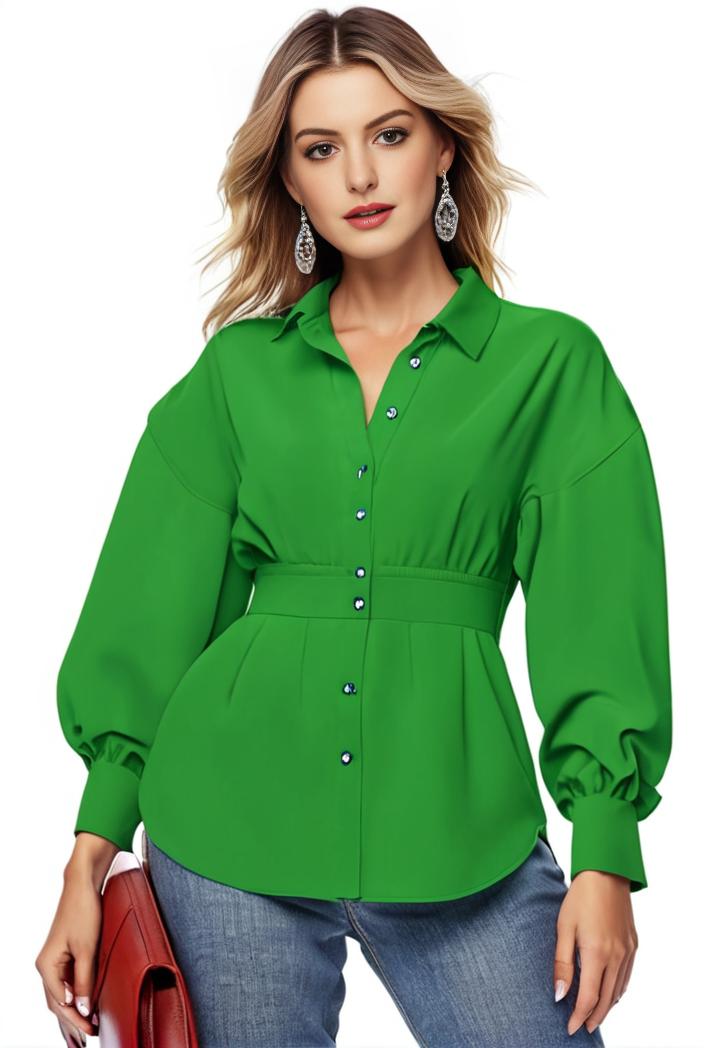 plus size casual blouse women s plus solid button up lantern sleeve turn down collar nipped waist blouse 117846