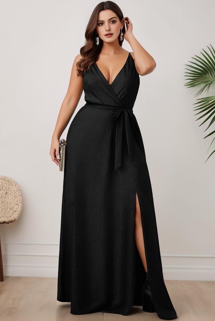 plus size shiny v neck side slit formal evening dress 120111