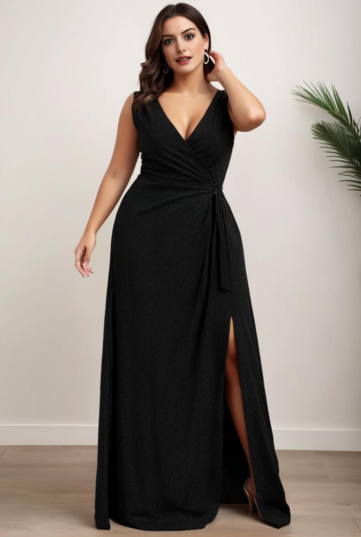 plus size shiny v neck side slit formal evening dress 120114