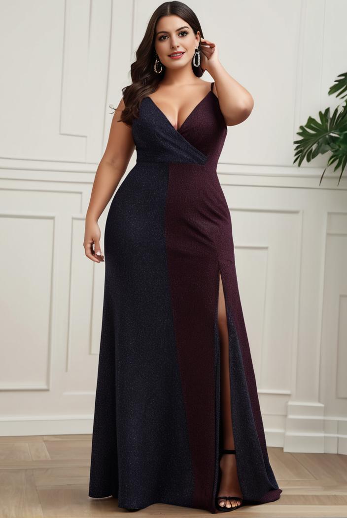 plus size shiny v neck side slit formal evening dress 120118