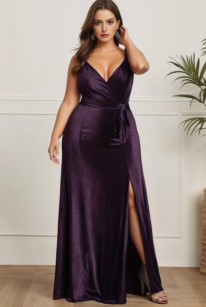 plus size shiny v neck side slit formal evening dress 120121