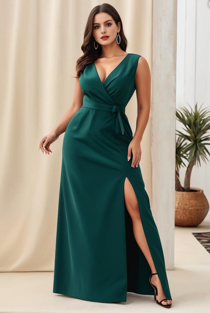 plus size shiny v neck side slit formal evening dress 120180