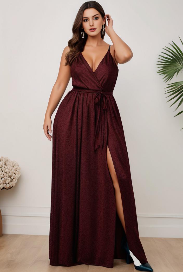plus size shiny v neck side slit formal evening dress 120191