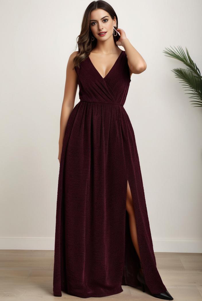 plus size shiny v neck side slit formal evening dress 120197