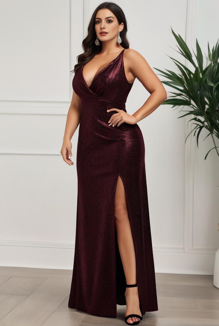 plus size shiny v neck side slit formal evening dress 120223