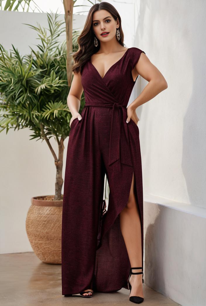 plus size shiny v neck side slit formal evening dress 120253
