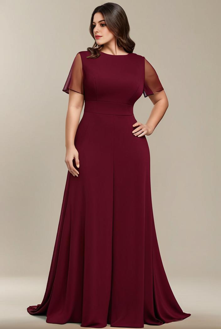plus size simple chiffon pleated a line round neckline bridesmaid dress 120468