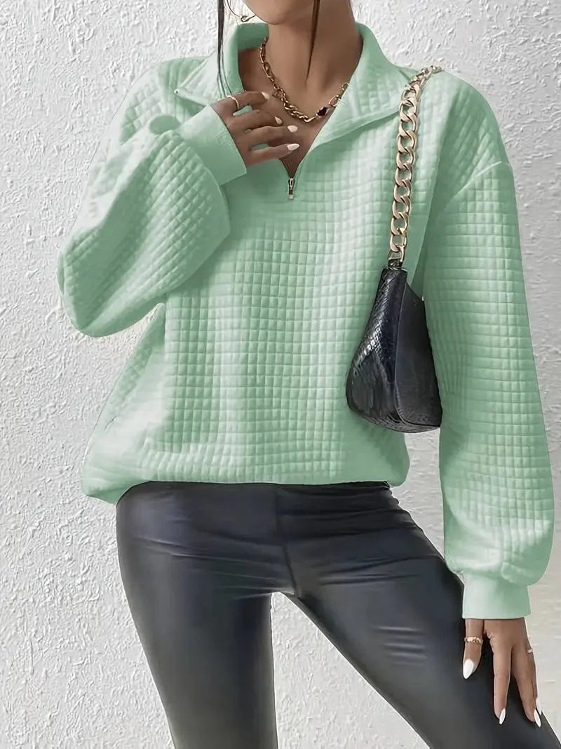 Waffle Grid Quarter Zip Pullover - Stylish Women's Fall & Winter Sweatshirt