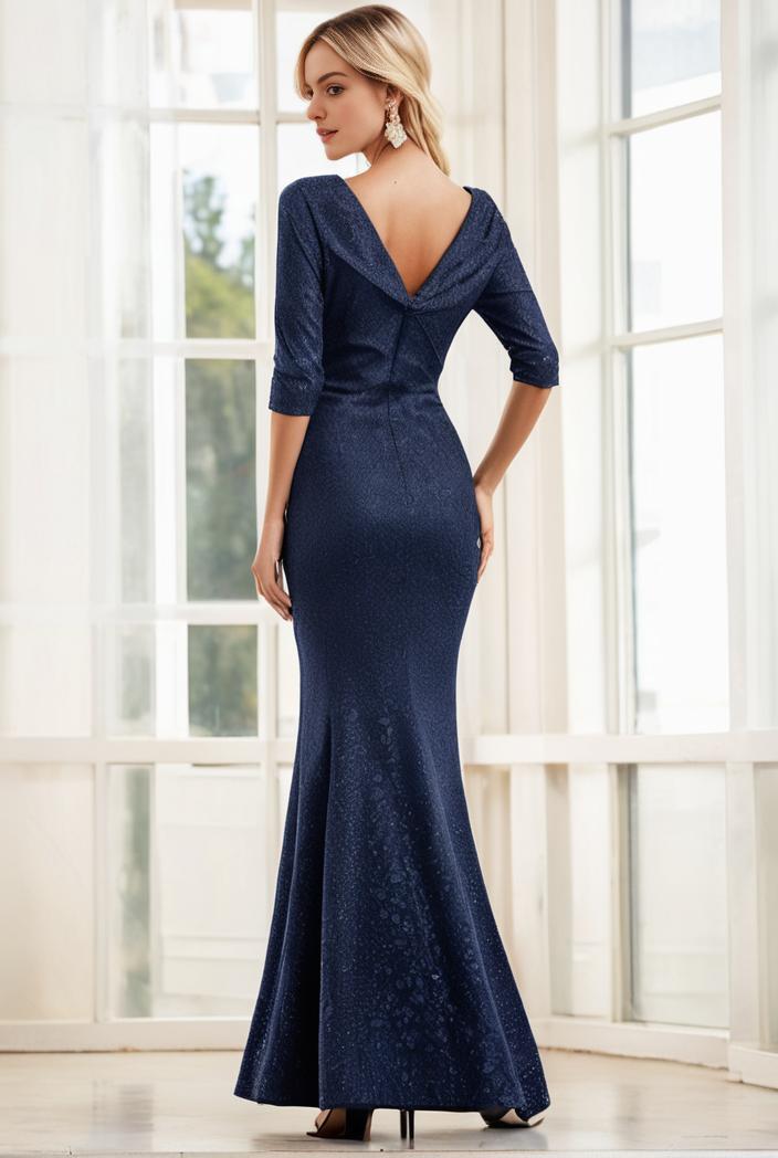 3 4 sleeve bodycon plunging back sequin evening dress 128441