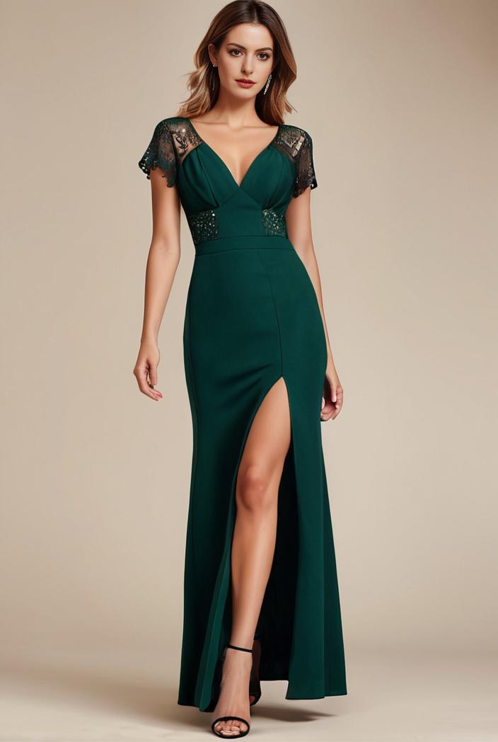 deep v neck sequin short sleeve high side front slit mother of the bride dress 129901