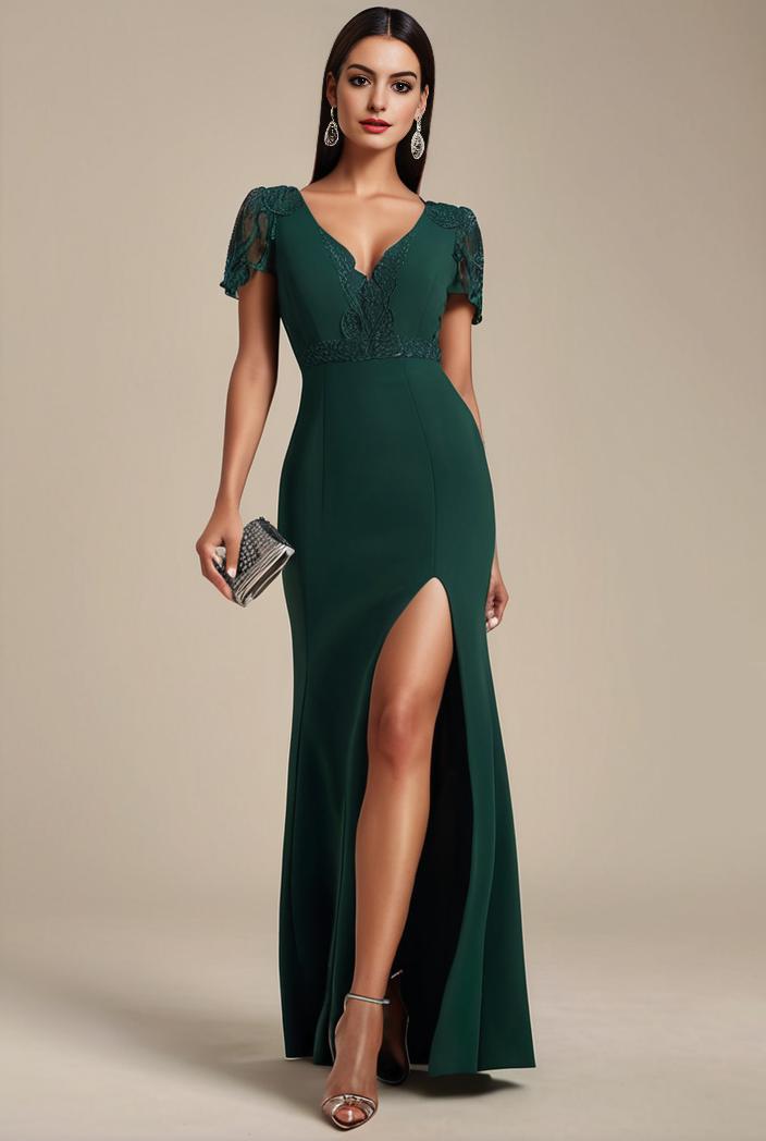 deep v neck sequin short sleeve high side front slit mother of the bride dress 129903
