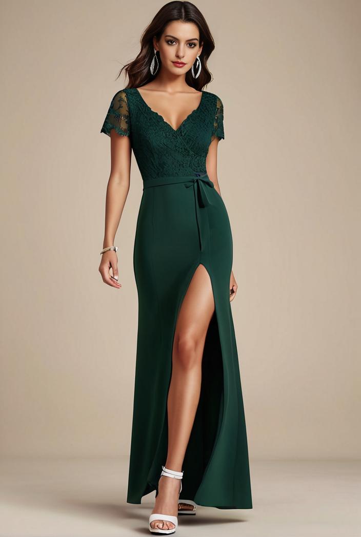 deep v neck sequin short sleeve high side front slit mother of the bride dress 129905
