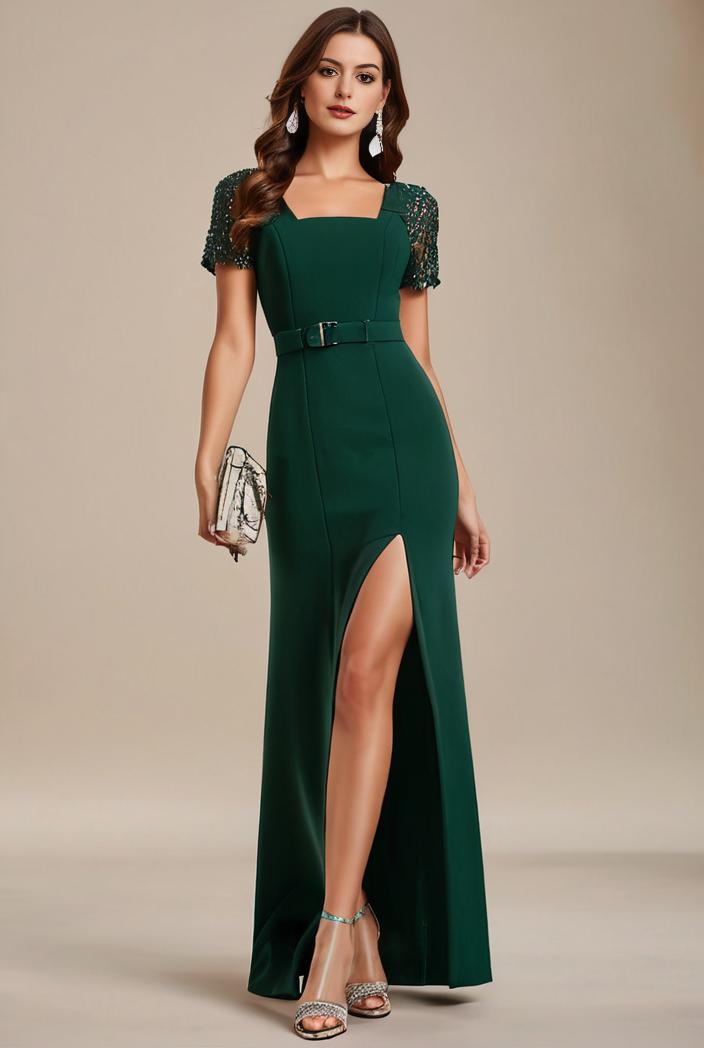 deep v neck sequin short sleeve high side front slit mother of the bride dress 129908