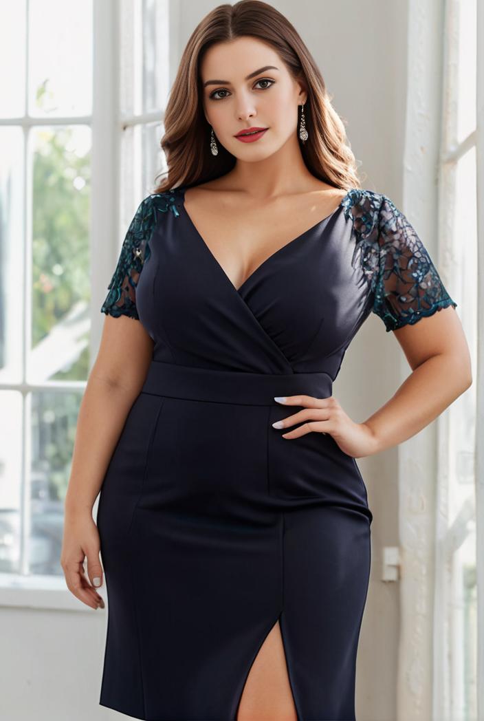 deep v neck sequin short sleeve high side front slit mother of the bride dress 130109