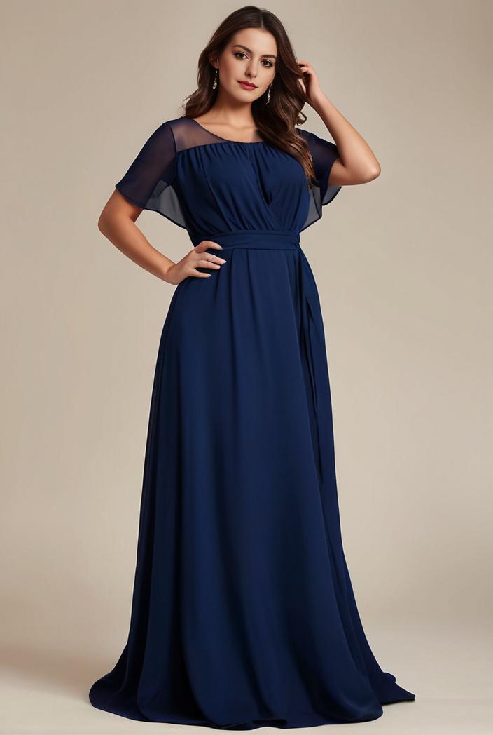 plus size simple chiffon pleated a line round neckline bridesmaid dress 139040
