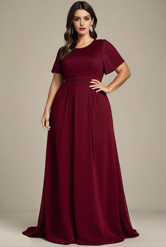 plus size simple chiffon pleated a line round neckline bridesmaid dress 139098