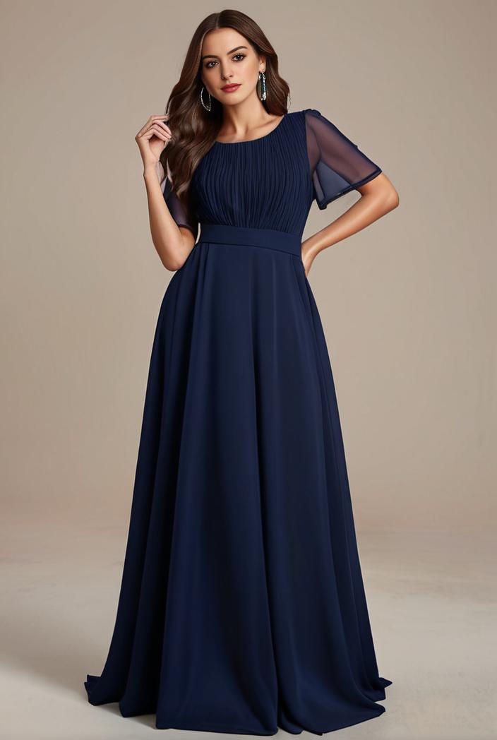 plus size simple chiffon pleated a line round neckline bridesmaid dress 139103