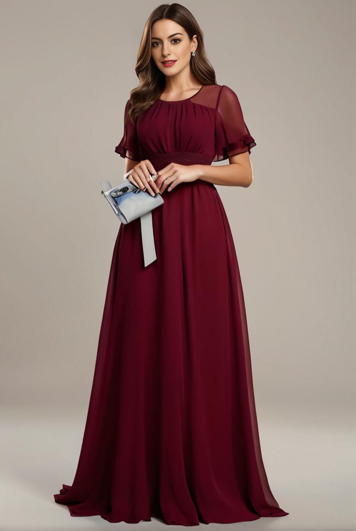 plus size simple chiffon pleated a line round neckline bridesmaid dress 139110