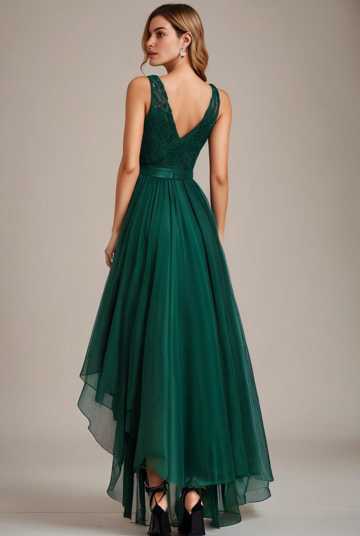 sequin bodice tulle high low evening dress with ribbon waist 140715