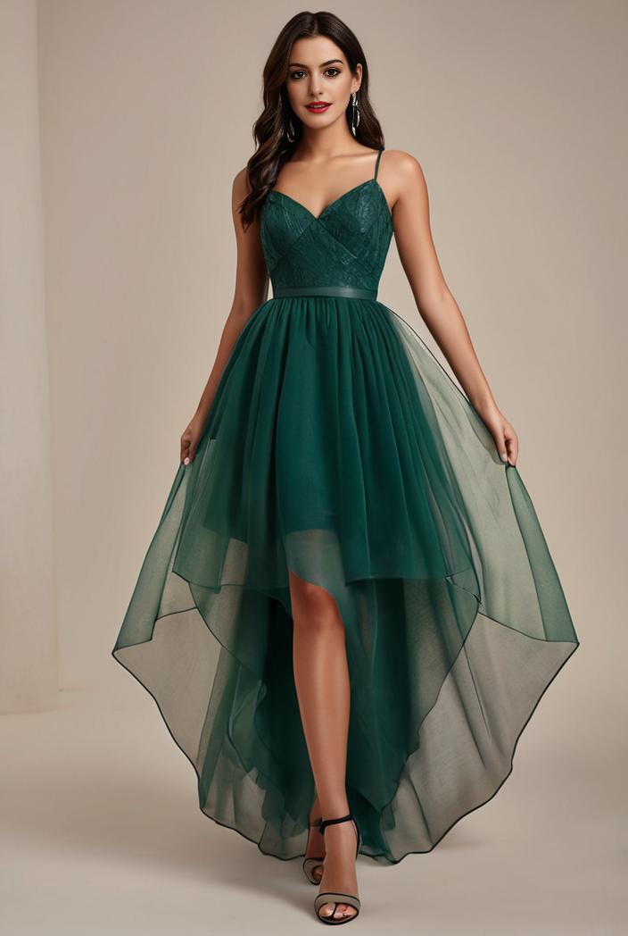 sequin bodice tulle high low evening dress with ribbon waist 140722