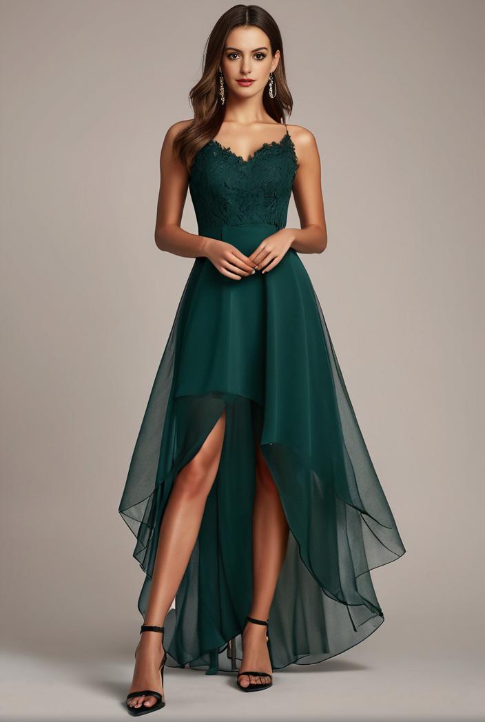sequin bodice tulle high low evening dress with ribbon waist 140732