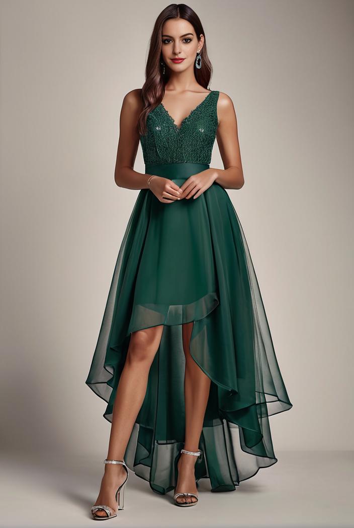 sequin bodice tulle high low evening dress with ribbon waist 140735