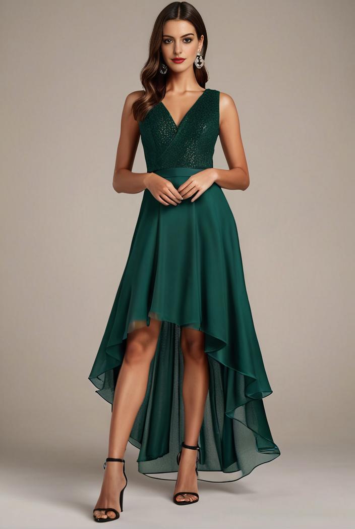 sequin bodice tulle high low evening dress with ribbon waist 140736