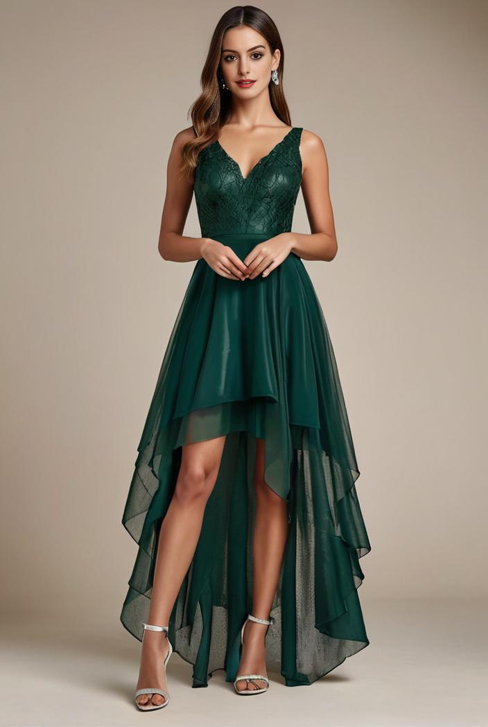 sequin bodice tulle high low evening dress with ribbon waist 140737