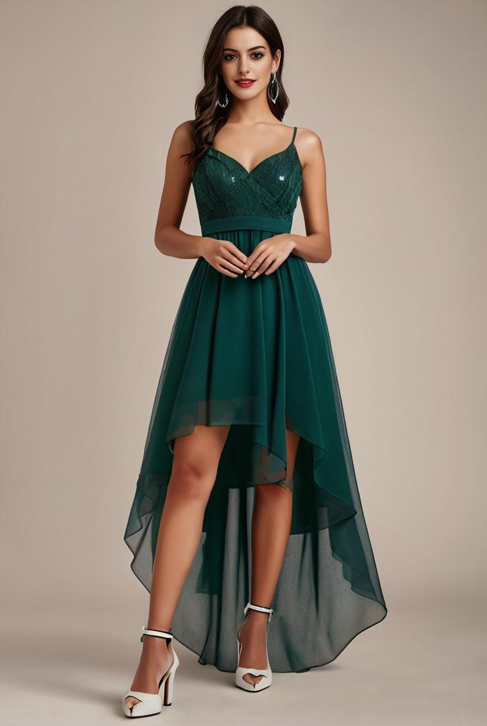 sequin bodice tulle high low evening dress with ribbon waist 140738