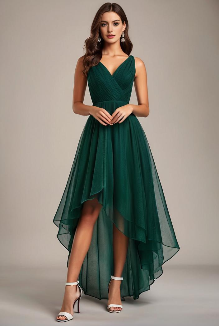 sequin bodice tulle high low evening dress with ribbon waist 140739