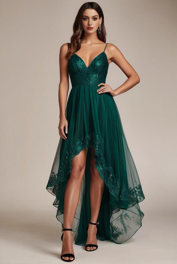 sequin bodice tulle high low evening dress with ribbon waist 140748