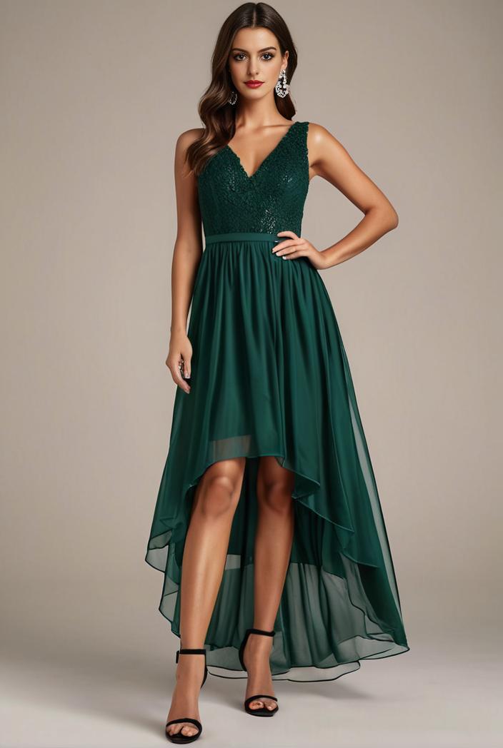 sequin bodice tulle high low evening dress with ribbon waist 140751