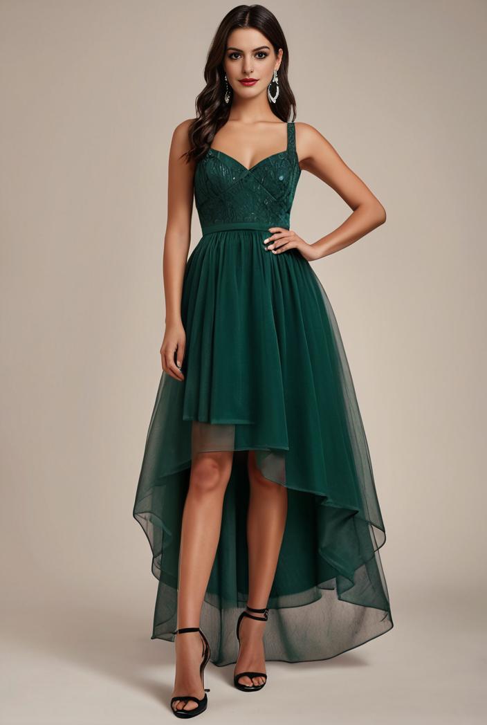 sequin bodice tulle high low evening dress with ribbon waist 140753