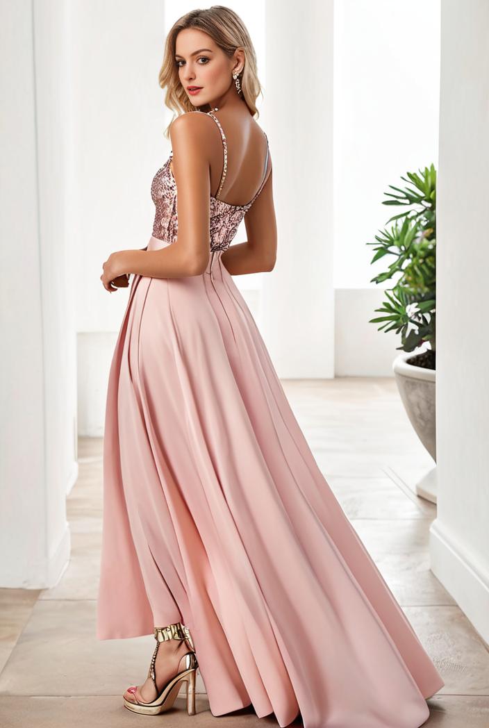 sequin bodice tulle high low evening dress with ribbon waist 140769