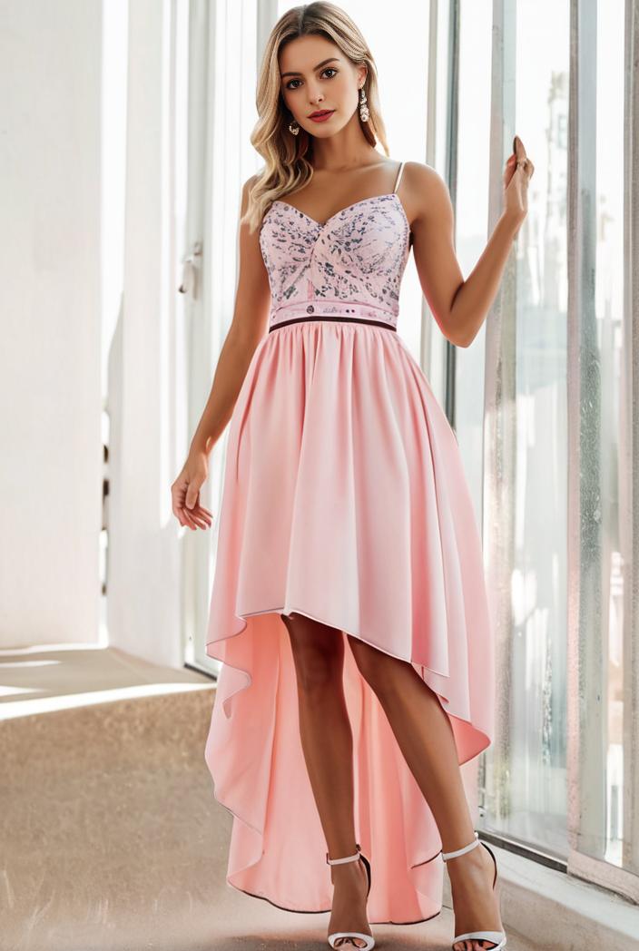 sequin bodice tulle high low evening dress with ribbon waist 140774