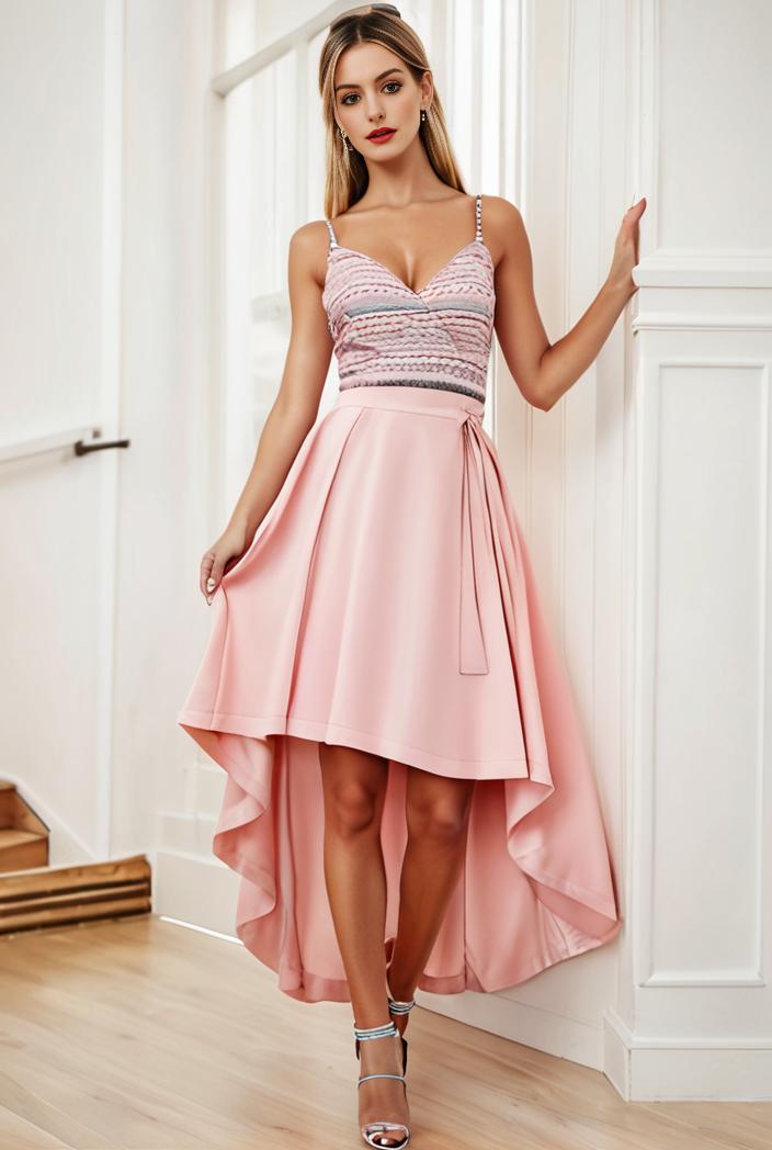 sequin bodice tulle high low evening dress with ribbon waist 140775