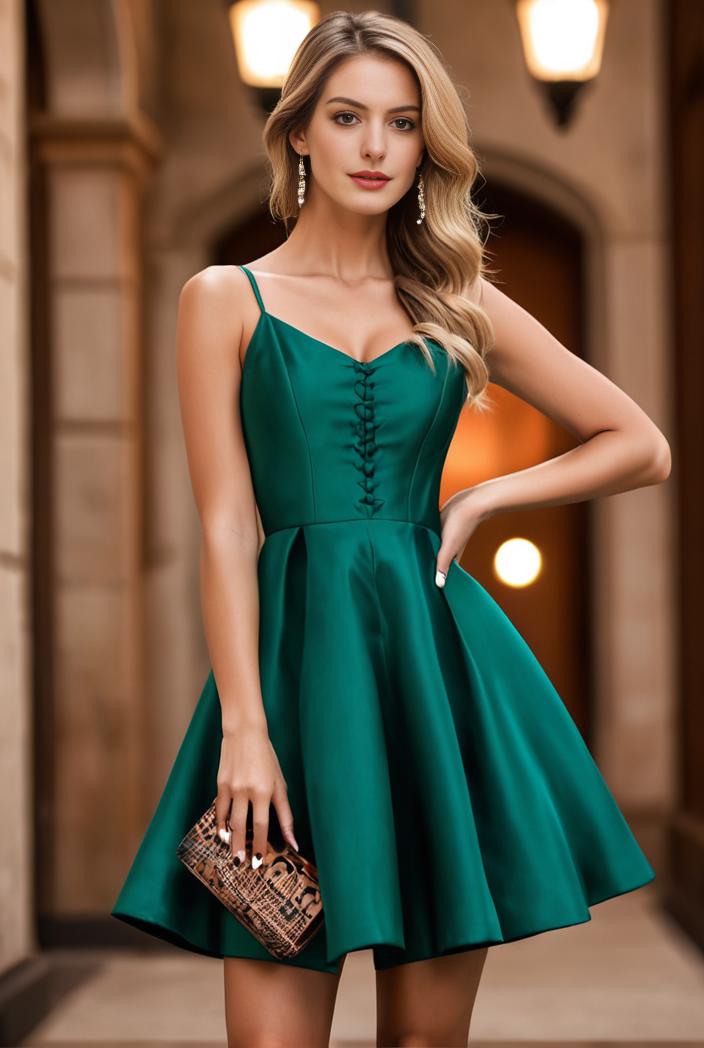pleated satin a line double spaghetti strap v neck homecoming dress 104189