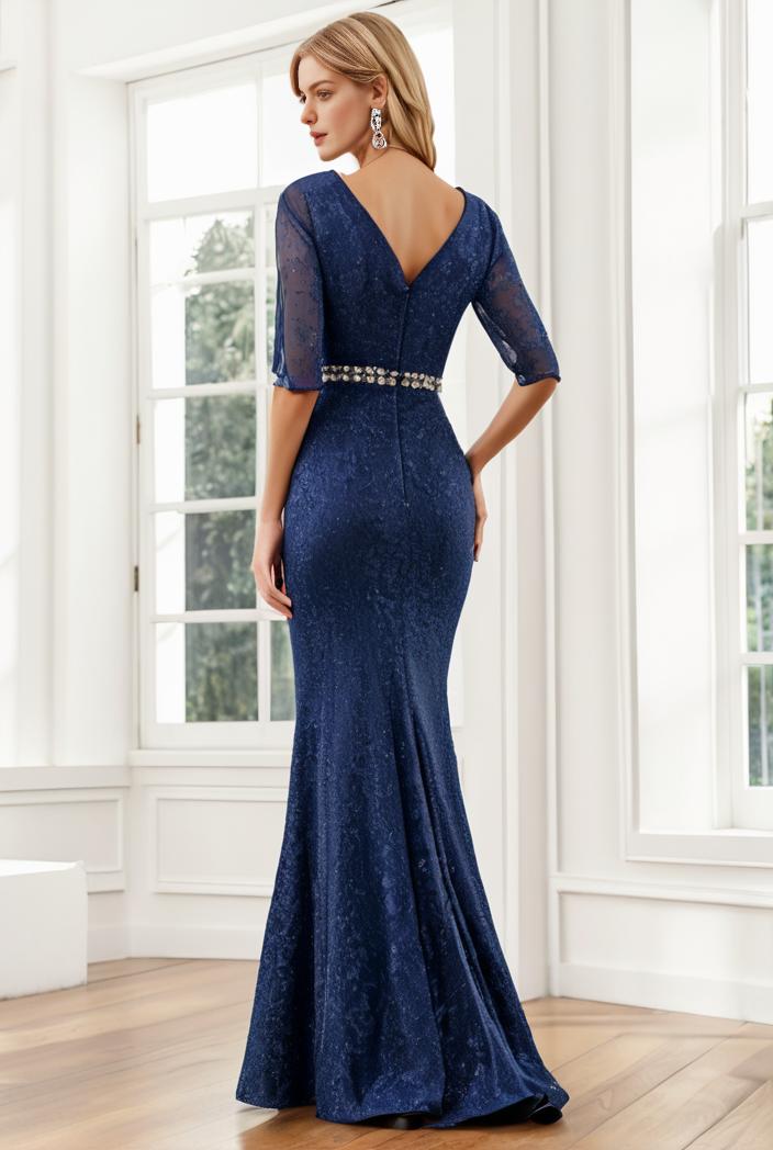 3 4 sleeve bodycon plunging back sequin evening dress 115752