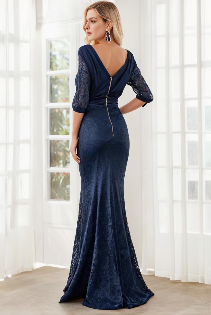 3 4 sleeve bodycon plunging back sequin evening dress 115754