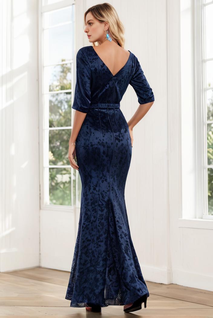 3 4 sleeve bodycon plunging back sequin evening dress 115757