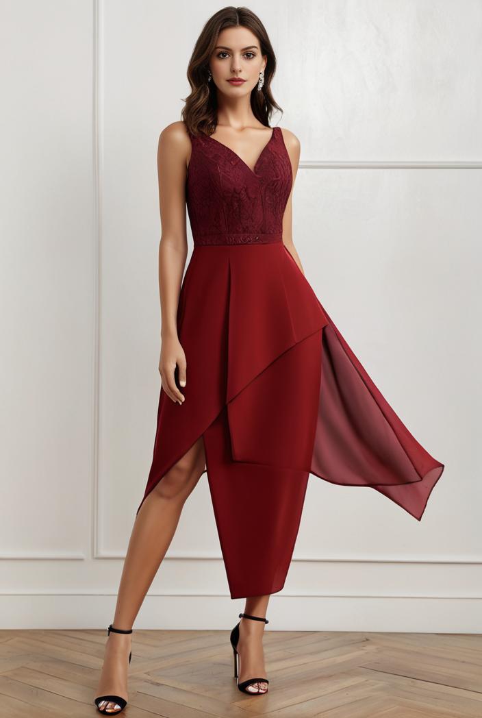 deep v neck lace chiffon bridesmaid dress with asymmetrical hem 116861