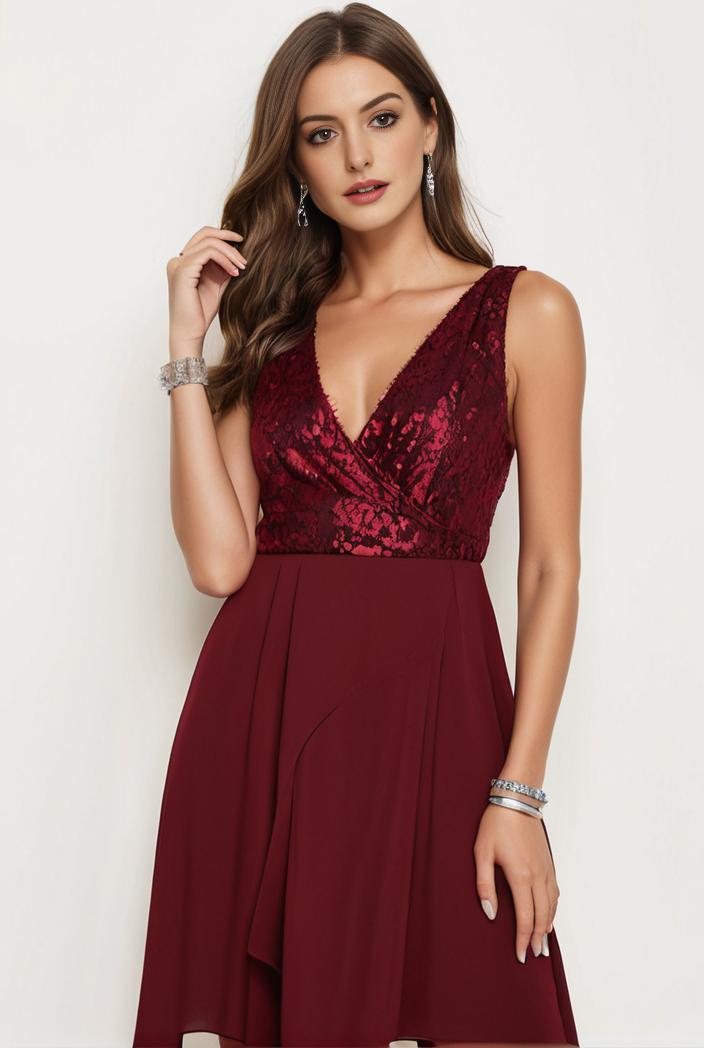 deep v neck lace chiffon bridesmaid dress with asymmetrical hem 116880