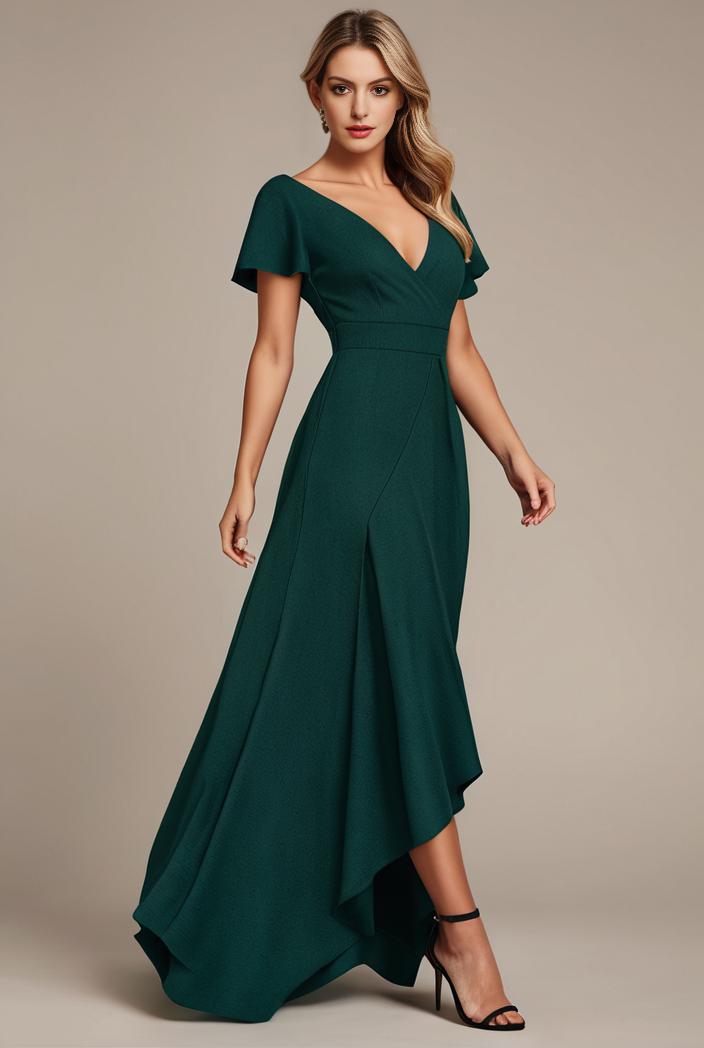 glitter high low front side slit ruffled v neck evening dress 120857