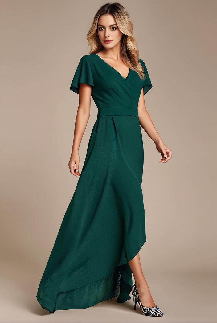 glitter high low front side slit ruffled v neck evening dress 120862