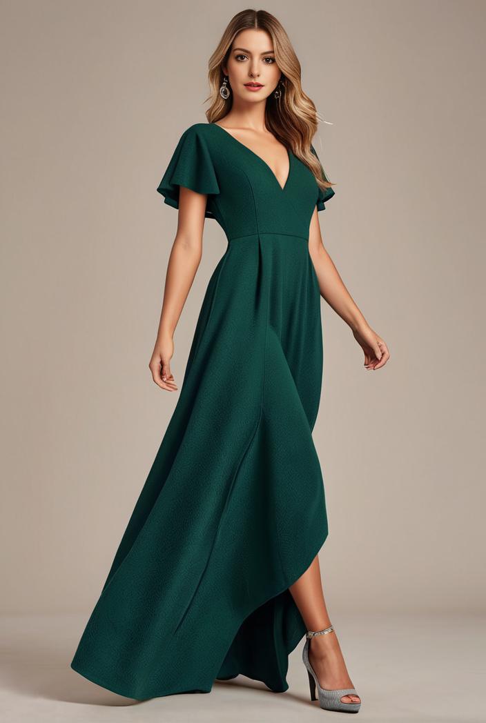 glitter high low front side slit ruffled v neck evening dress 120863