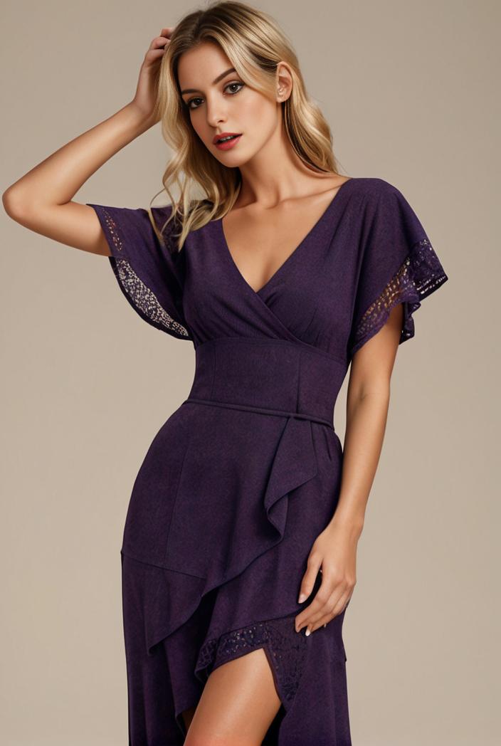 glitter high low front side slit ruffled v neck evening dress 120868