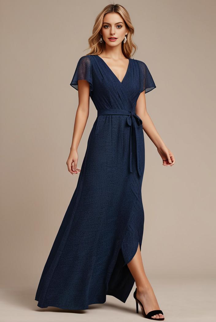 glitter high low front side slit ruffled v neck evening dress 120880